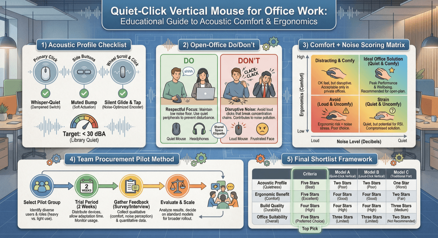 Infographic style office buying framework for quiet-click vertical mice across acoustics, comfort, reliability, and value