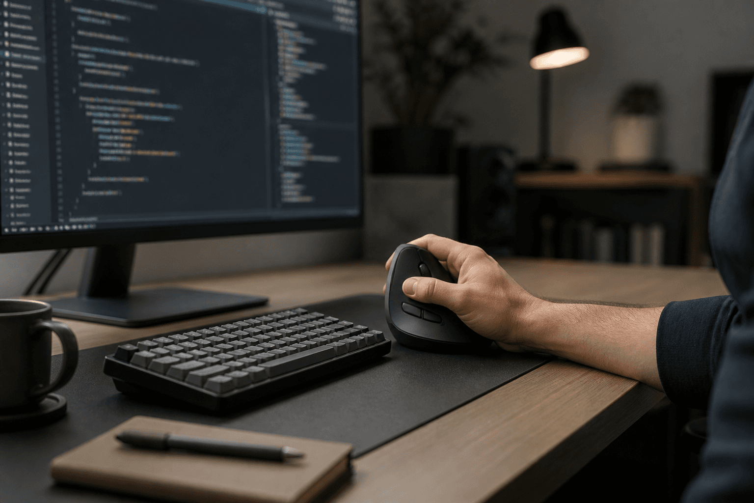 Ergonomic workspace illustrating ergonomic mouse for programmers with an unbranded vertical mouse