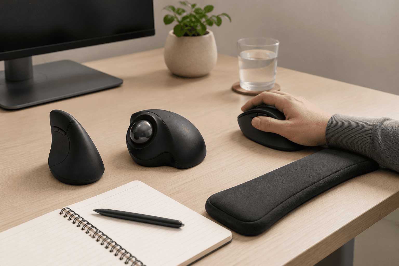 Ergonomic workspace illustrating ergonomic mouse for wrist pain with an unbranded vertical mouse