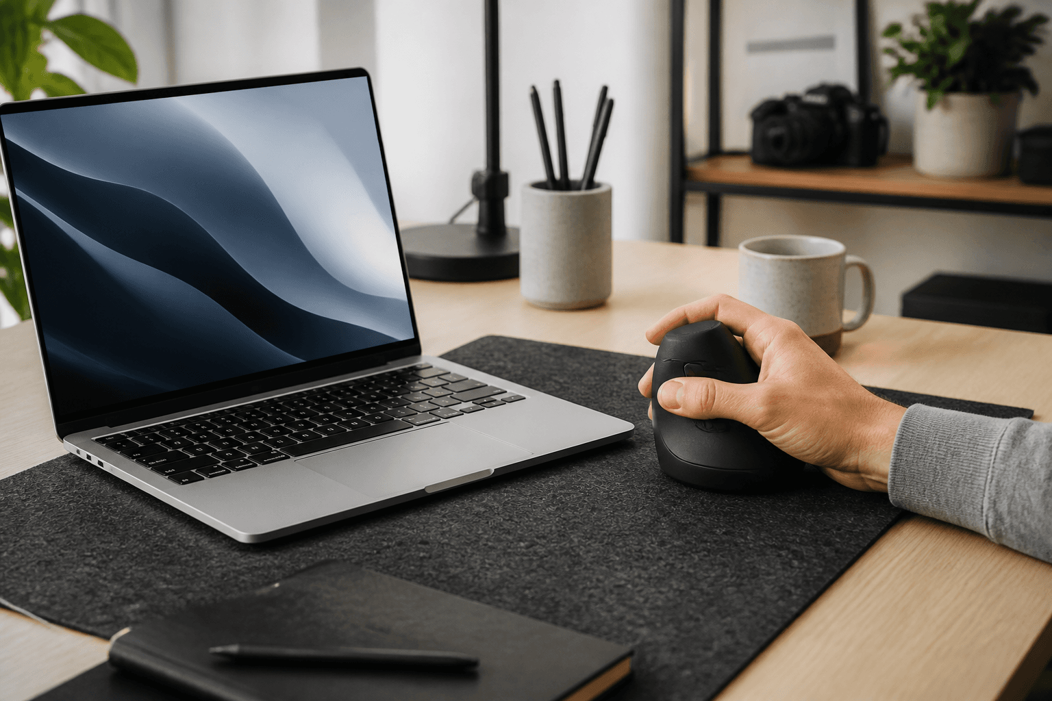 Ergonomic workspace illustrating best vertical mouse for mac with an unbranded vertical mouse