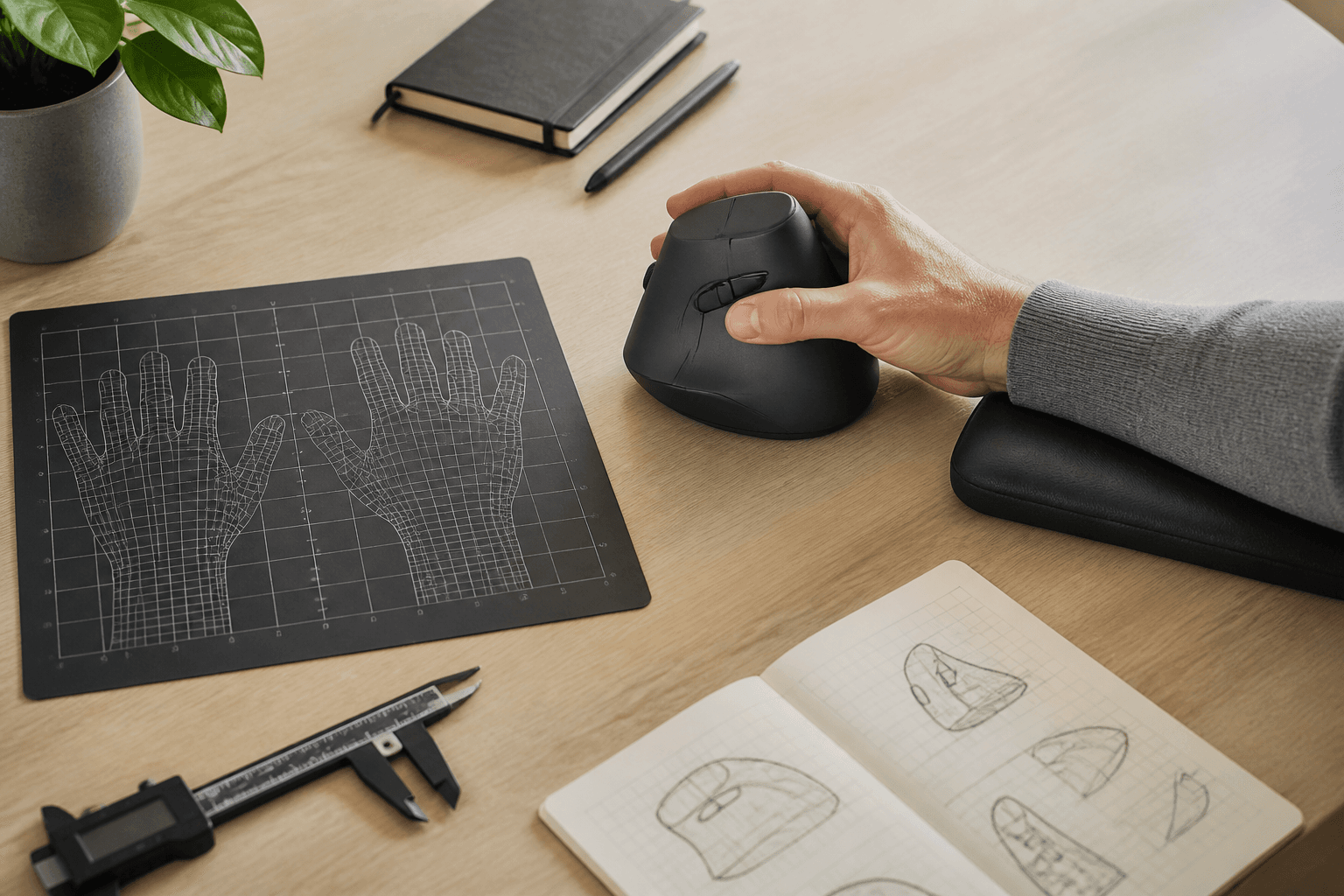 Ergonomic workspace illustrating vertical mouse for large hands with an unbranded vertical mouse