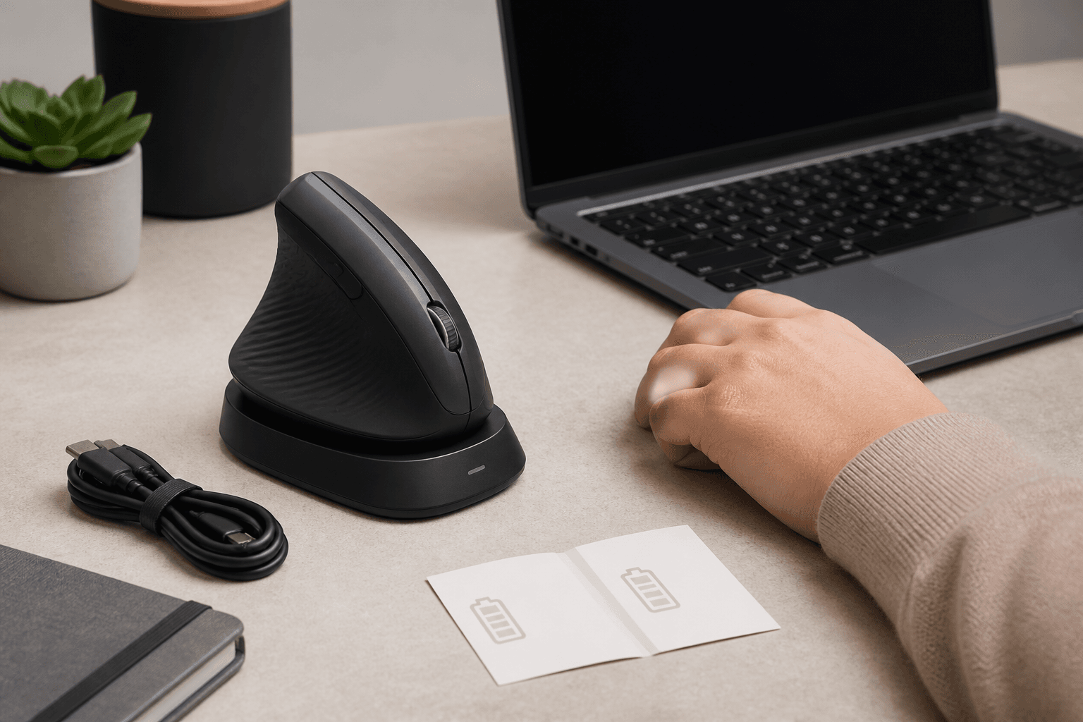 Ergonomic workspace illustrating left-handed vertical mouse with an unbranded vertical mouse