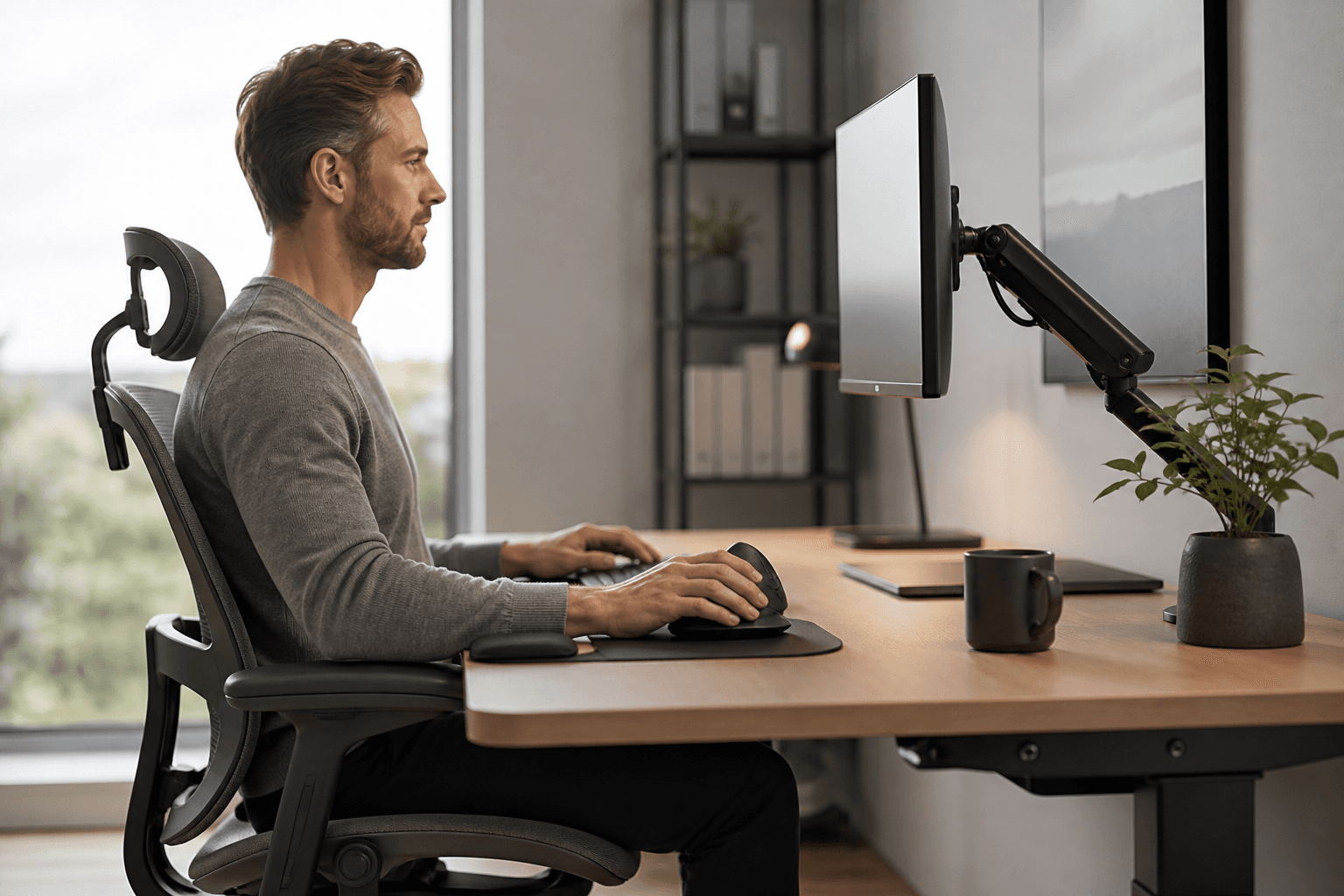 Ergonomic workspace illustrating office wrist pain mouse guide with an unbranded vertical mouse