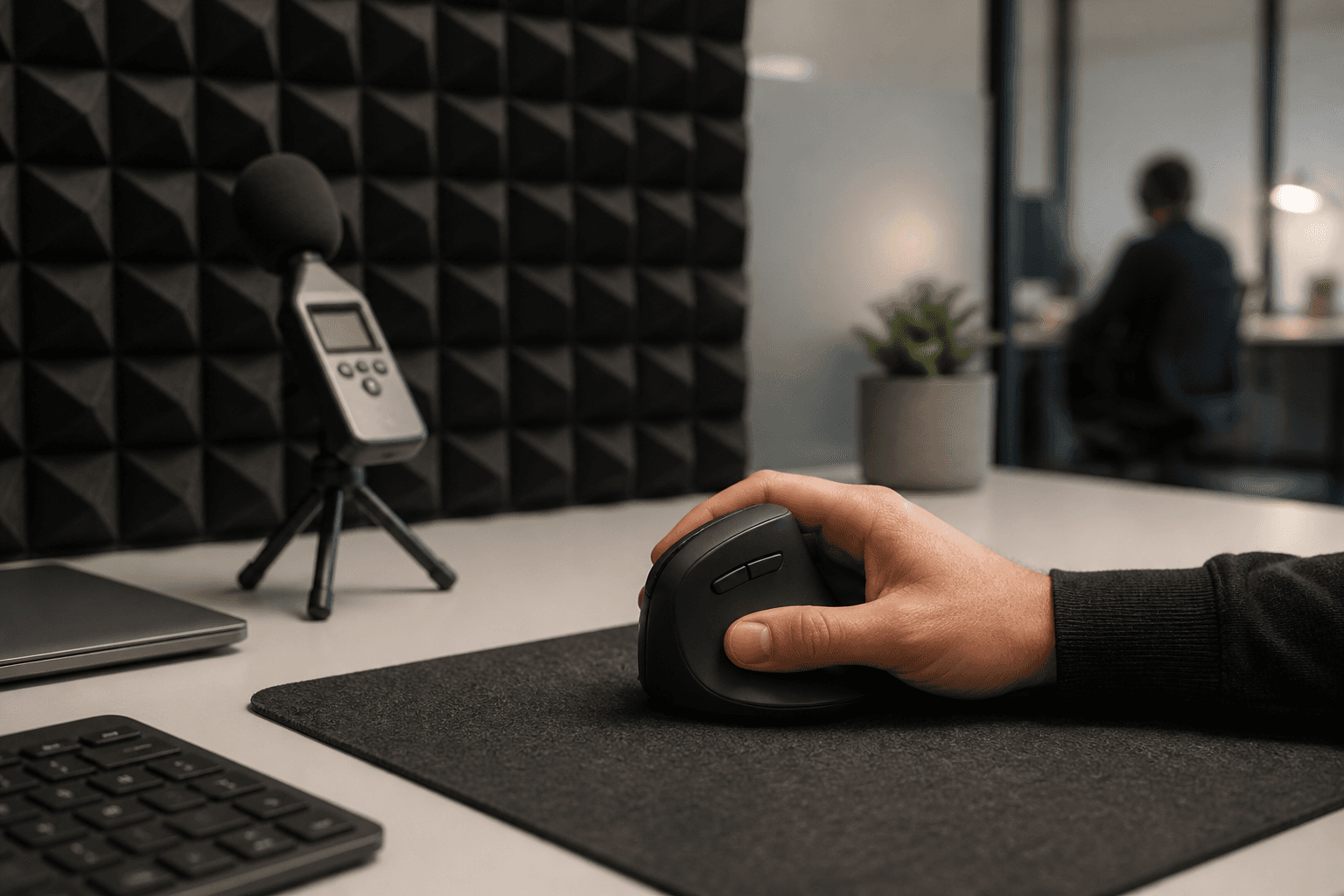 Ergonomic workspace illustrating quiet click vertical mouse with an unbranded vertical mouse