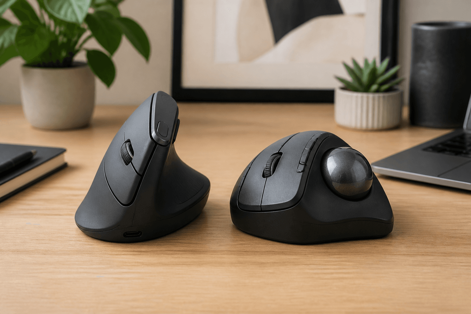 Ergonomic workspace illustrating vertical mouse vs trackball with an unbranded vertical mouse