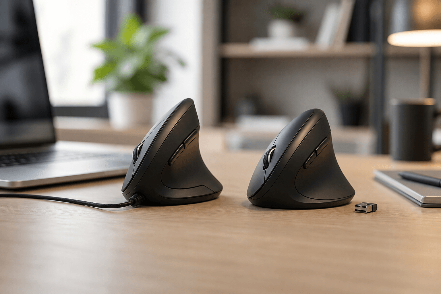 Ergonomic workspace illustrating wireless vs wired vertical mouse: which to buy with an unbranded vertical mouse