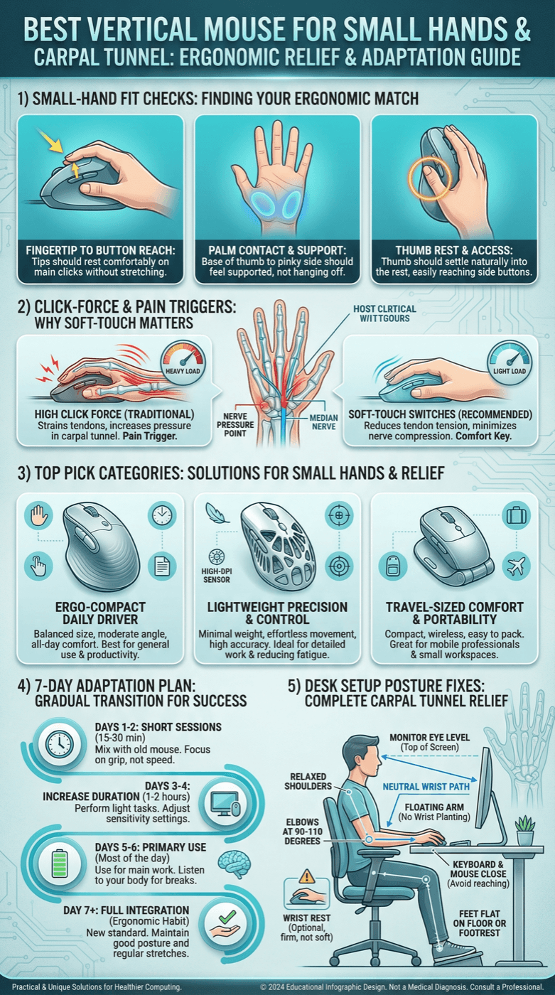 Infographic style visual blocks showing a 5-step buying framework for small-hand vertical mouse fit, comfort, reliability, value, and final verdict
