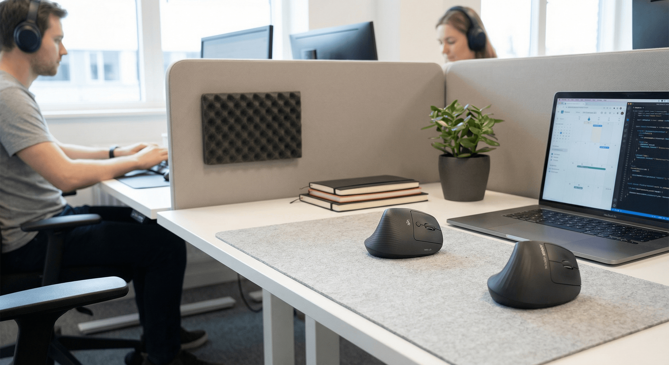 Office acoustic comparison chart for vertical mice showing quiet click profiles across primary, side, and scroll inputs