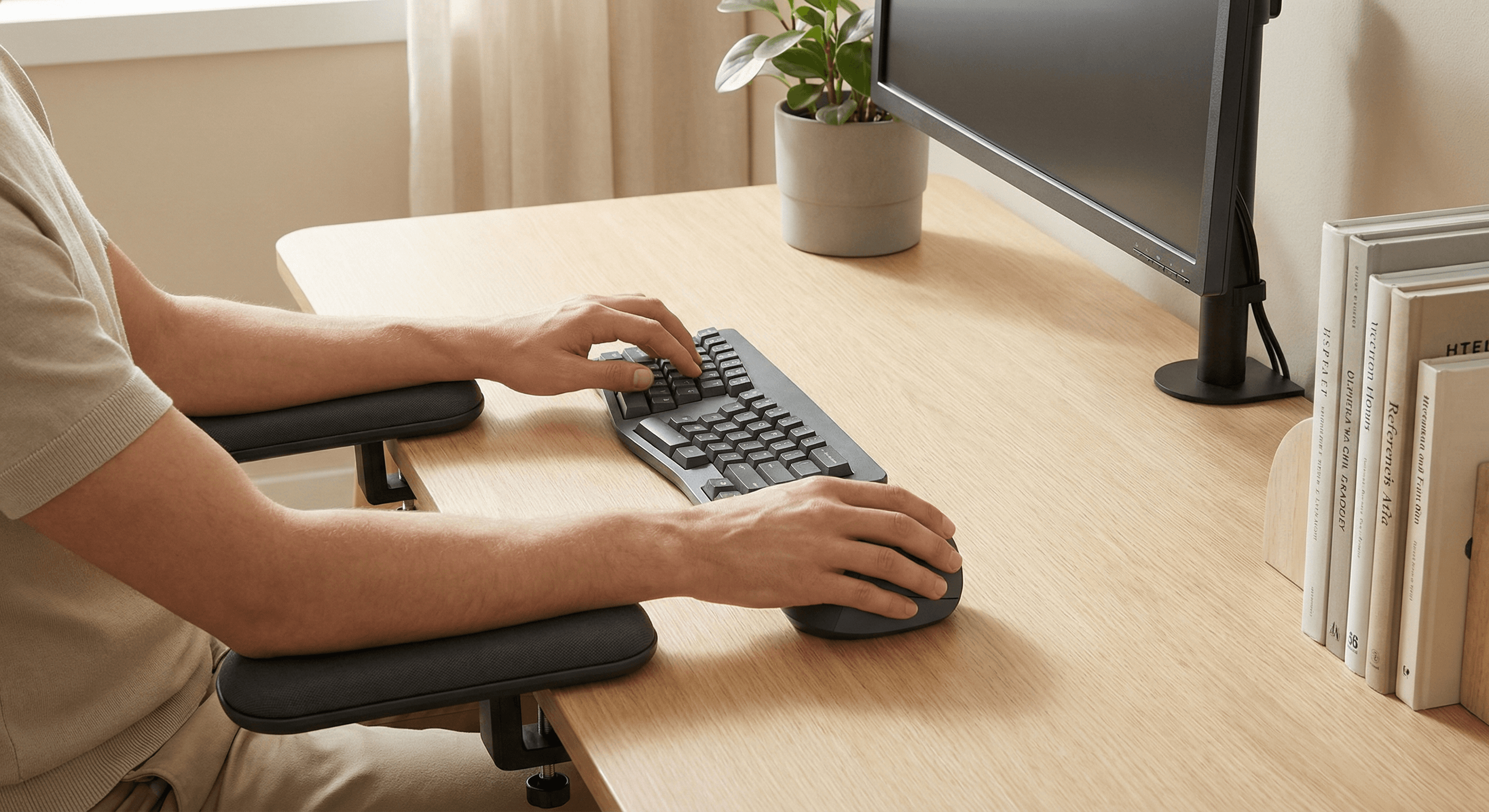 Neutral wrist posture workstation setup with ergonomic mouse and forearm support
