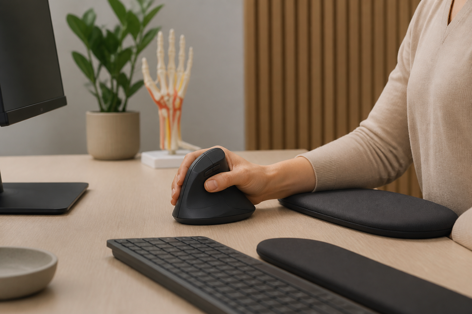 Ergonomic workspace illustrating best vertical mouse for carpal tunnel syndrome with an unbranded vertical mouse