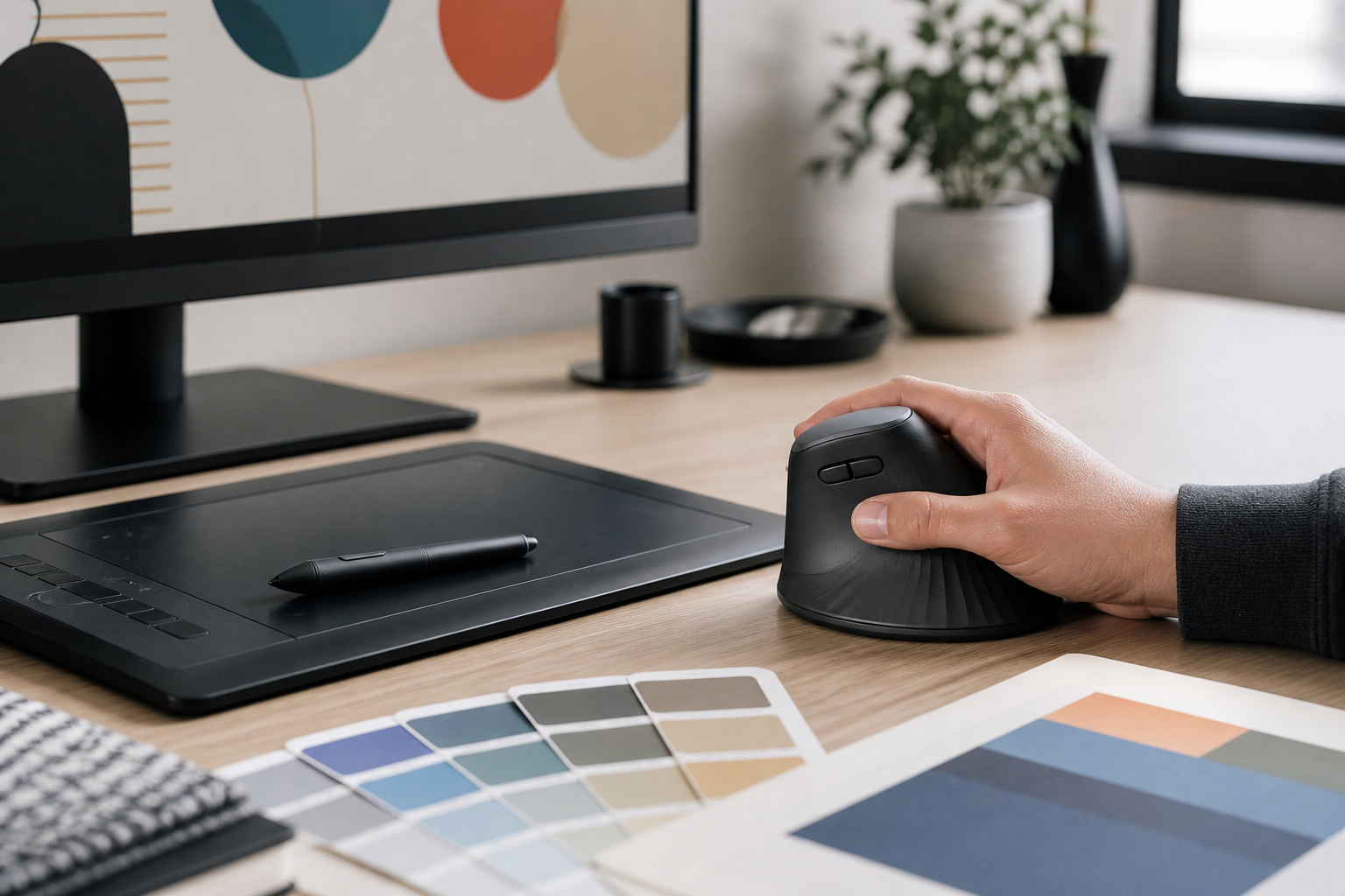 Ergonomic workspace illustrating best vertical mouse for graphic designers with an unbranded vertical mouse