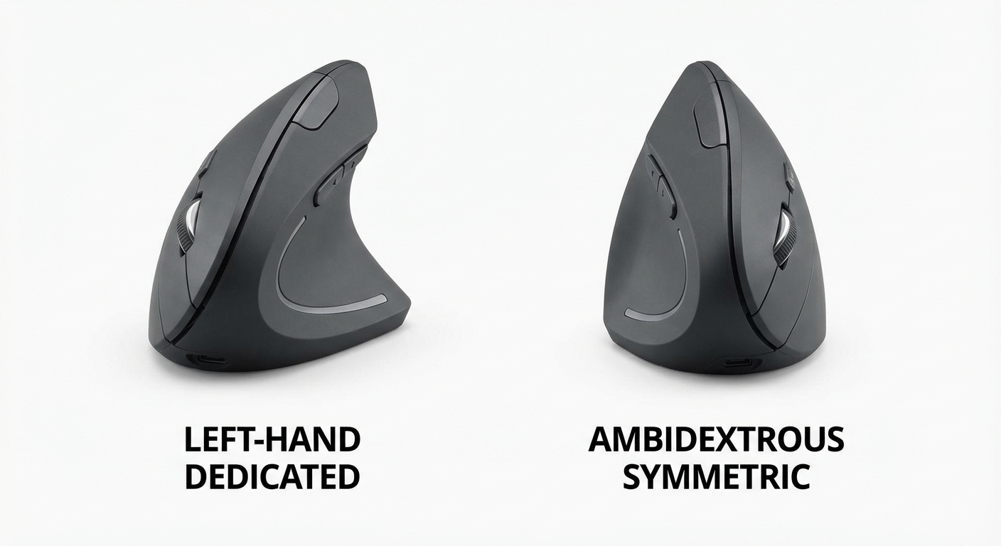 Comparison showing dedicated left-hand vertical mouse versus ambidextrous symmetric design