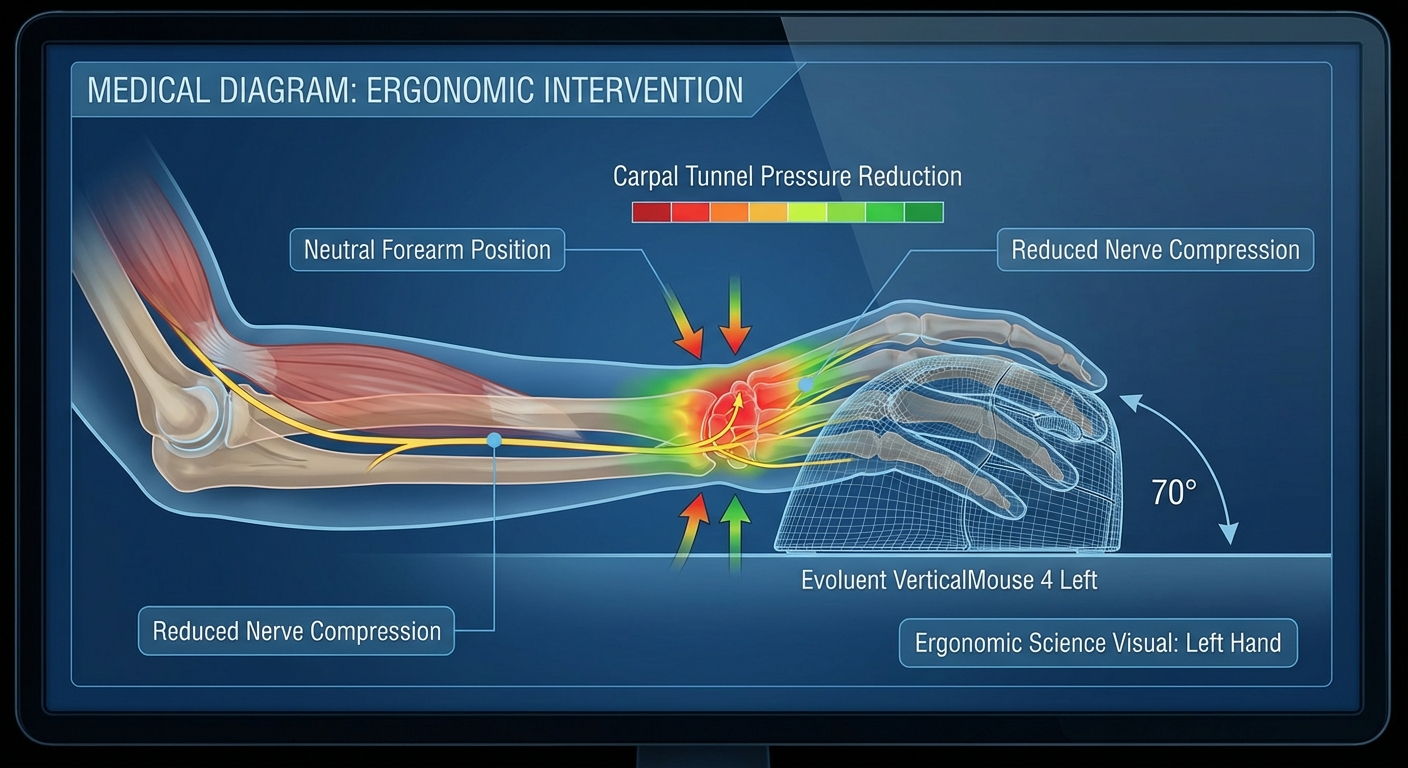 Evoluent VerticalMouse 4 Left ergonomic grip showing 70 degree vertical angle for left hand use