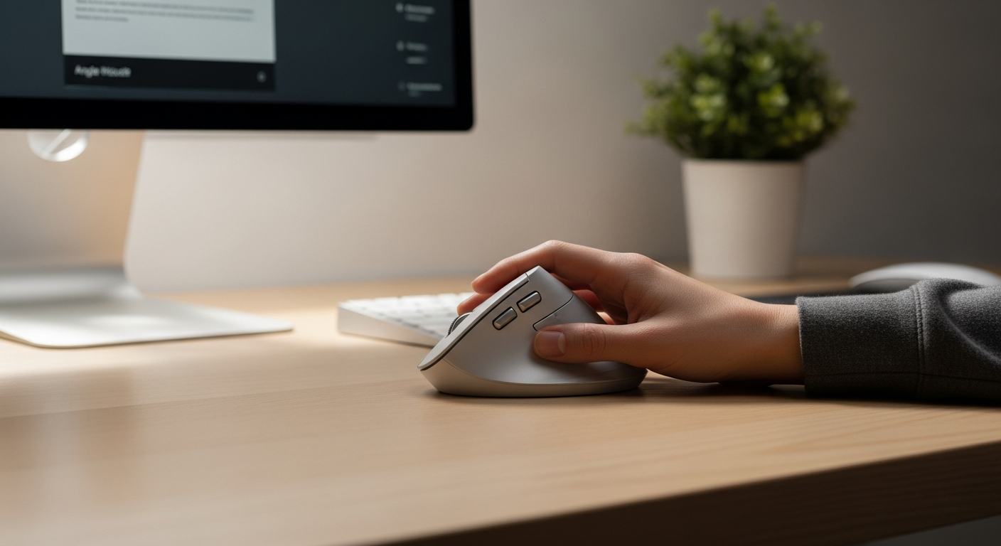 Goldtouch semi-vertical mouse showing 30 degree angle suitable for gradual ergonomic transition