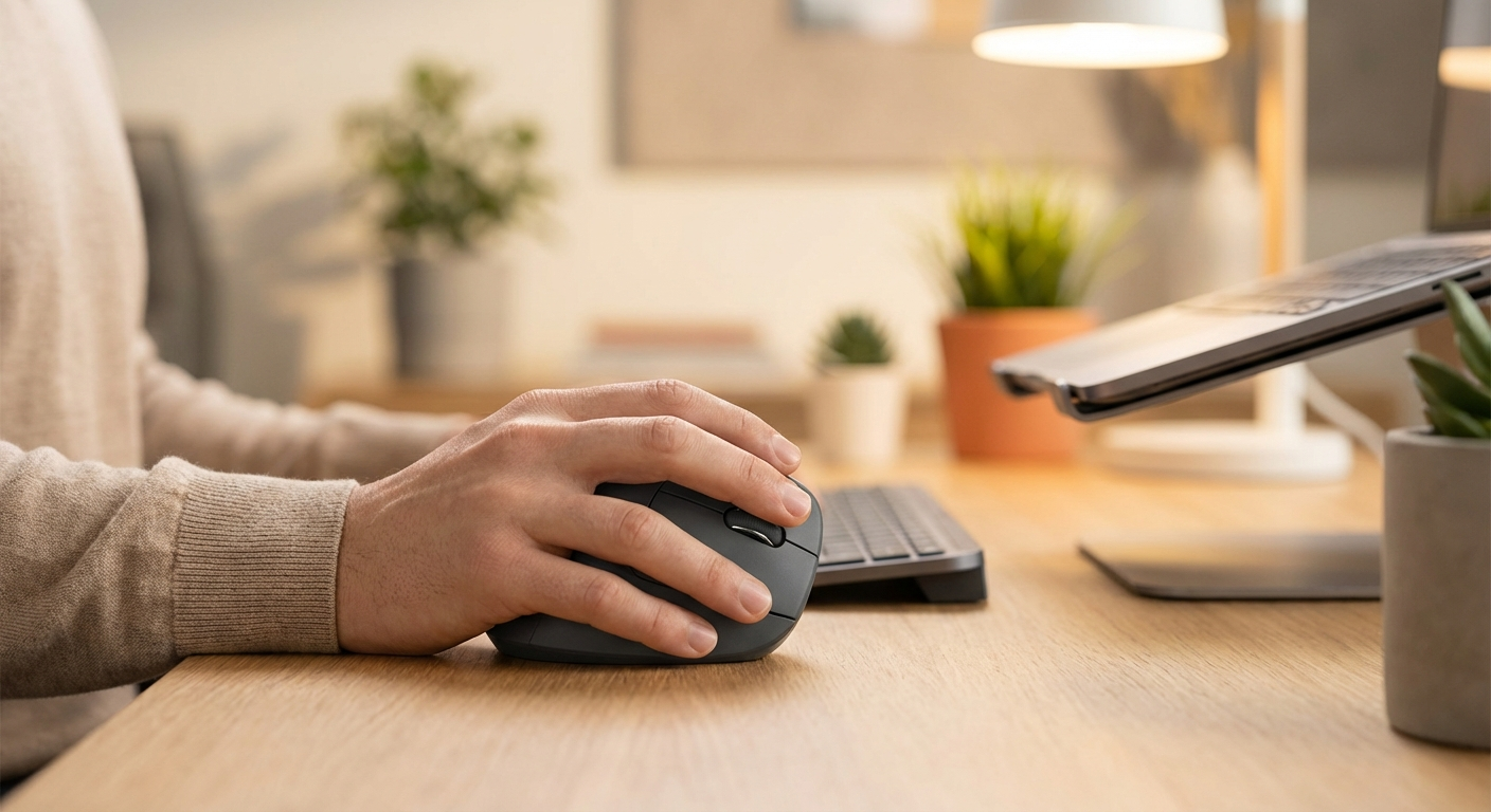 Best vertical mouse for left handed users hero image showing ergonomic left hand grip position