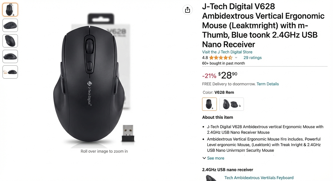 J-Tech Digital V628 ambidextrous budget vertical ergonomic mouse for left hand