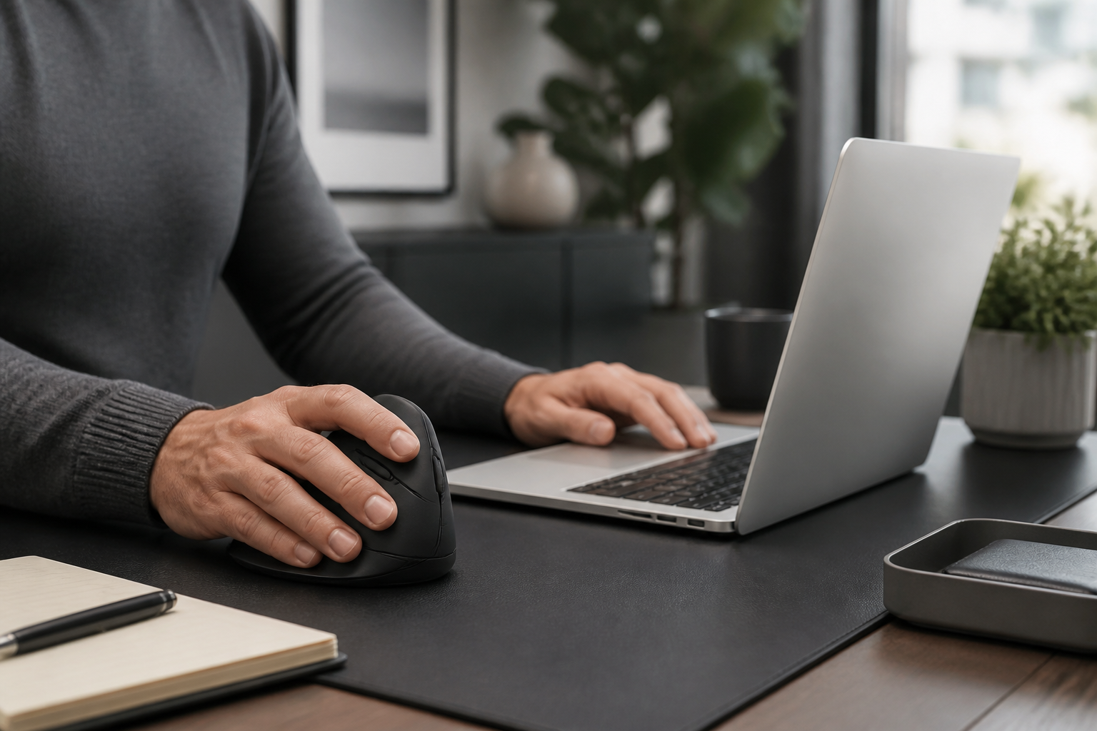 Ergonomic workspace illustrating best vertical mouse for macbook pro users with an unbranded vertical mouse