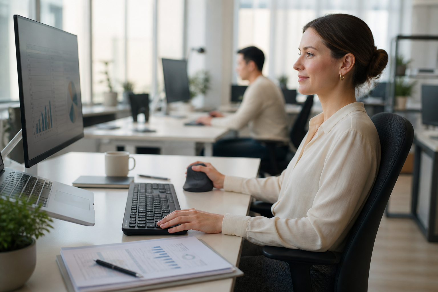 Ergonomic workspace illustrating best vertical mouse for office use with an unbranded vertical mouse