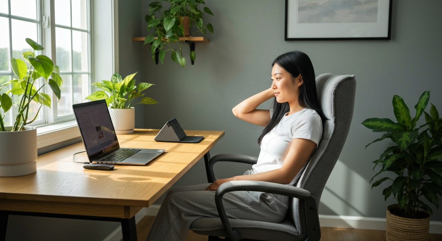 Ergonomic vertical mouse on a home office desk with laptop and coffee
