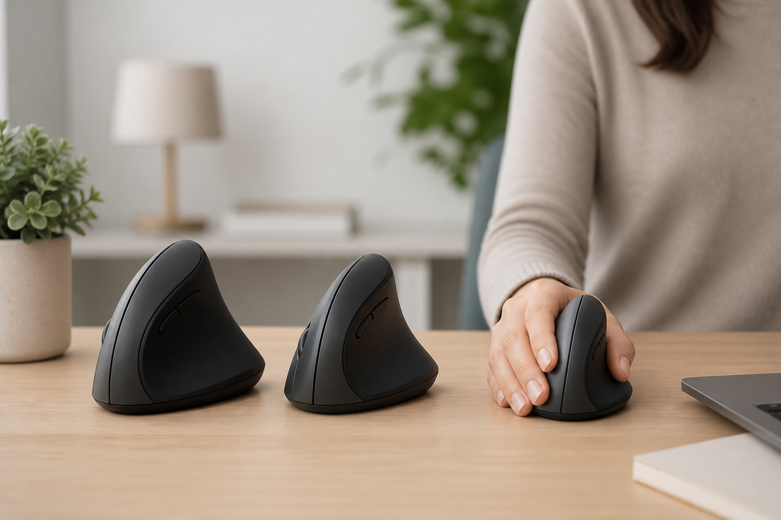 Ergonomic workspace illustrating best vertical mouse small hands womens with an unbranded vertical mouse