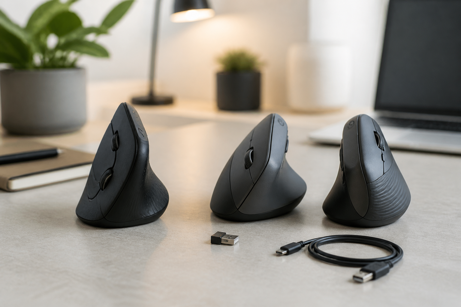 Ergonomic workspace illustrating best wireless vertical mouse (no dongle) 2026 with an unbranded vertical mouse