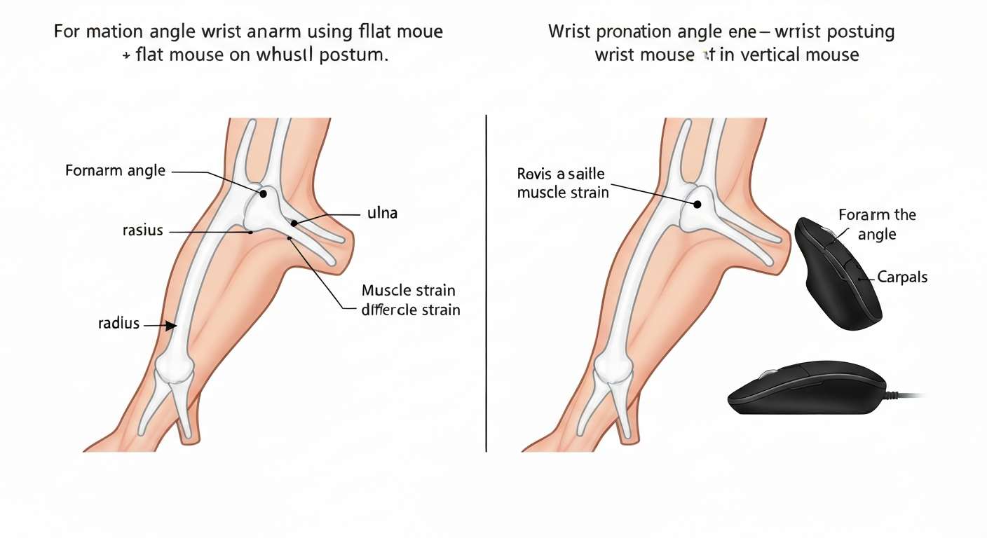 Biomechanical comparison showing forearm pronation angle with standard flat mouse versus vertical mouse at 57 degrees