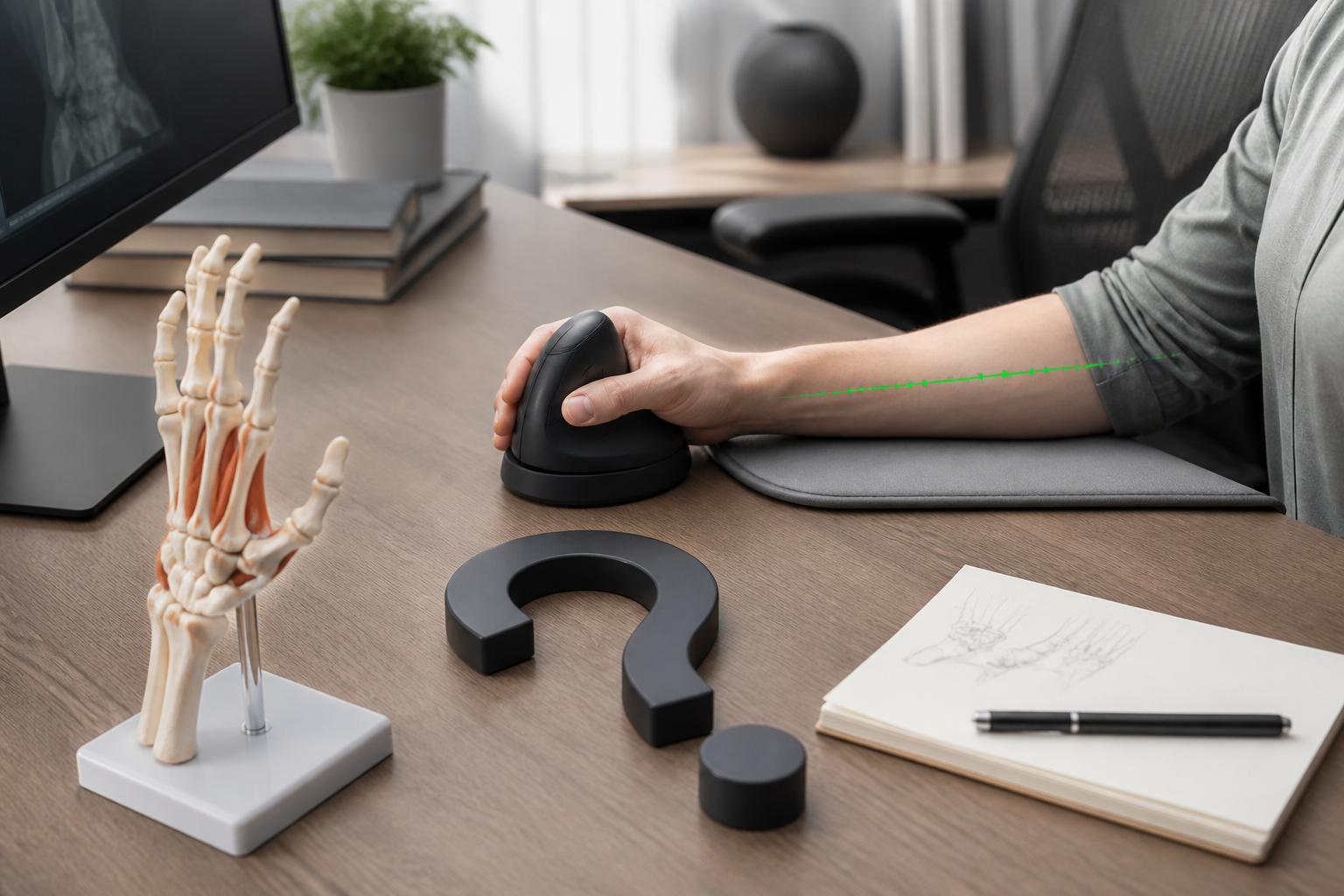 Ergonomic workspace illustrating can a vertical mouse cure rsi? with an unbranded vertical mouse