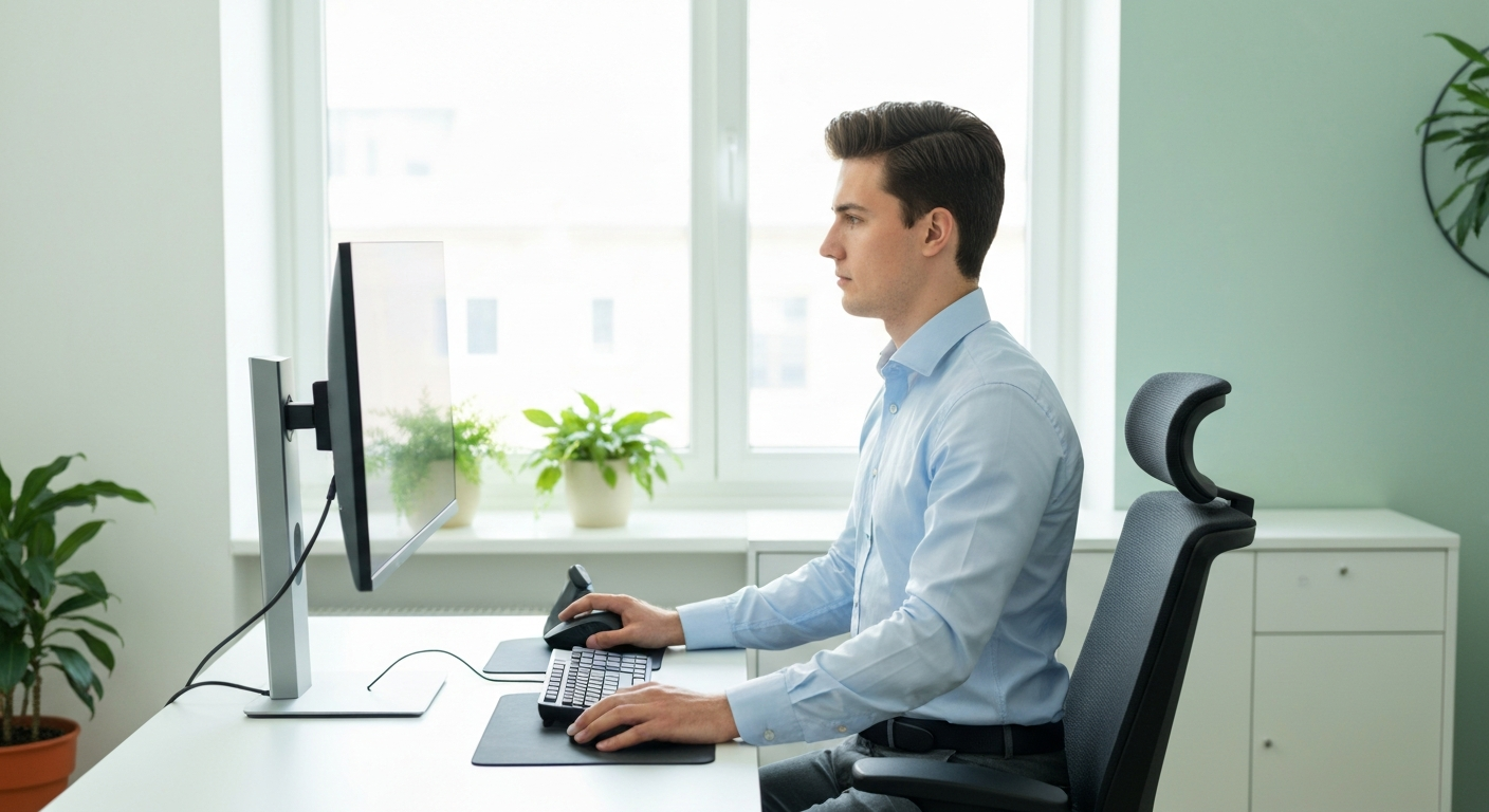RSI ergonomic factors diagram showing keyboard height, monitor position, chair setup, and mouse interaction