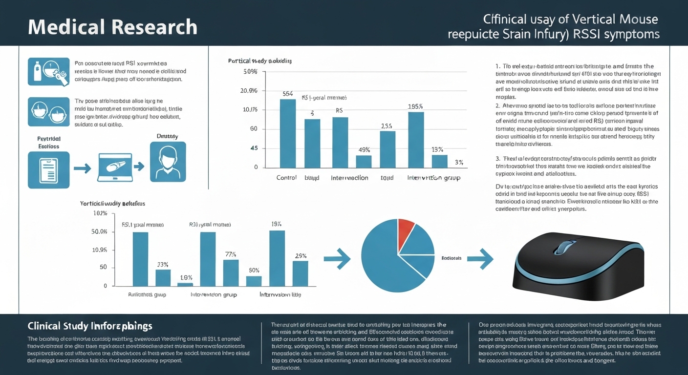 Vertical mouse RSI research infographic showing forearm pronation reduction and musculoskeletal load data from clinical studies