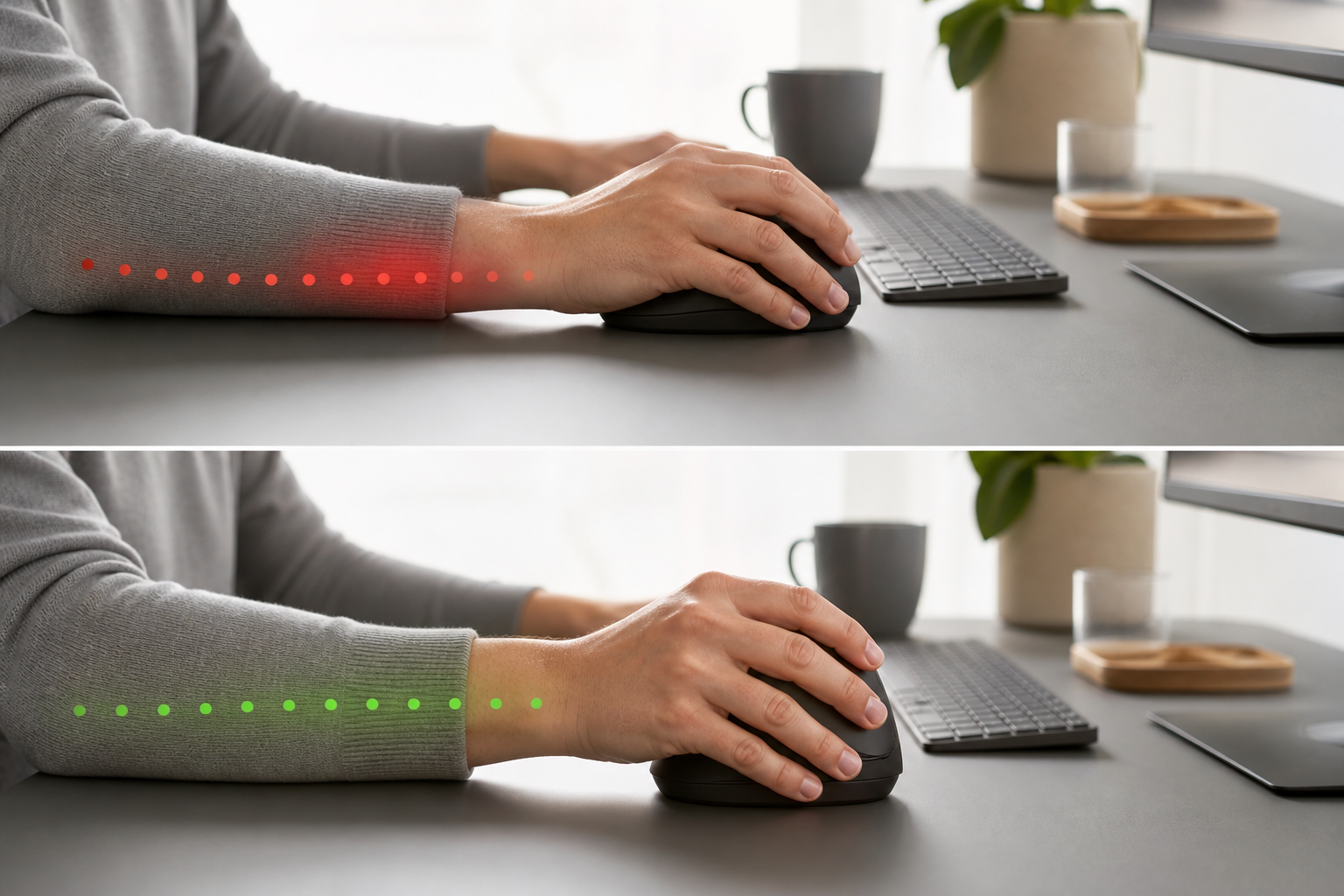 Ergonomic workspace illustrating do vertical mice actually help wrist pain? with an unbranded vertical mouse