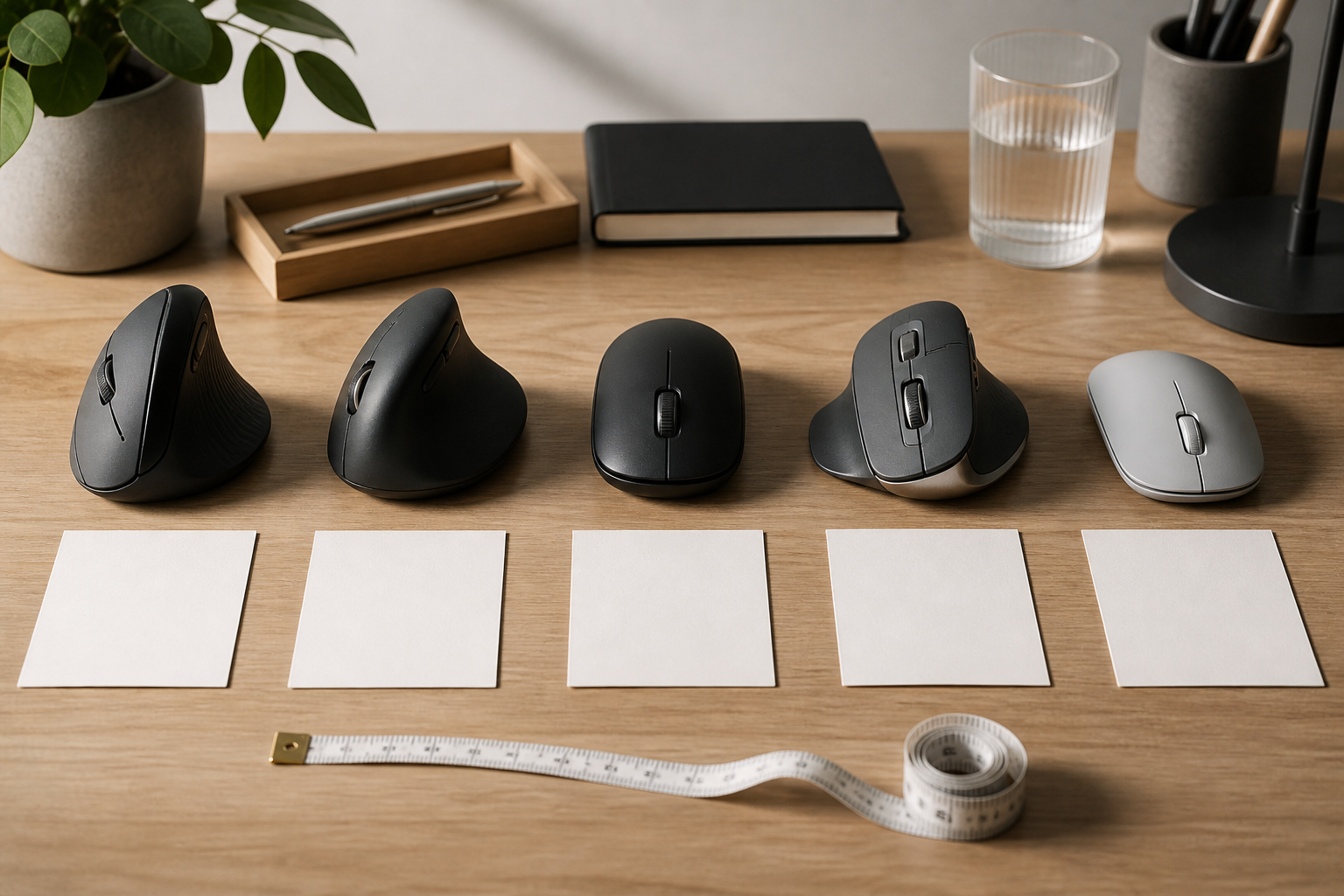 Ergonomic workspace illustrating ergonomic mouse buying guide: vertical vs trackball vs regular with an unbranded vertical mouse