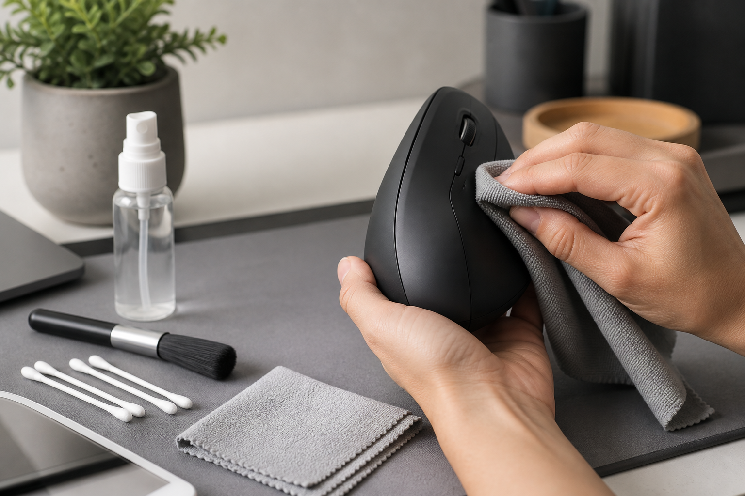 Ergonomic workspace illustrating how to clean a vertical mouse with an unbranded vertical mouse