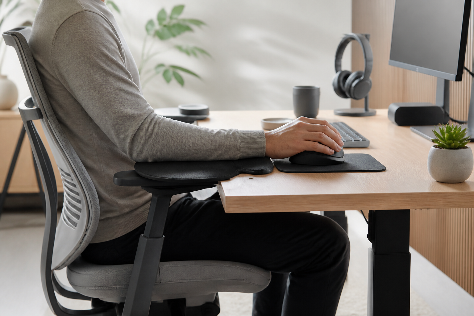 Ergonomic workspace illustrating how to set up a vertical mouse correctly with an unbranded vertical mouse