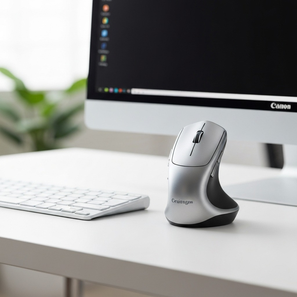 Kensington Pro Fit Ergo vertical mouse on a clean modern desk, showing its ergonomic 55-degree vertical design