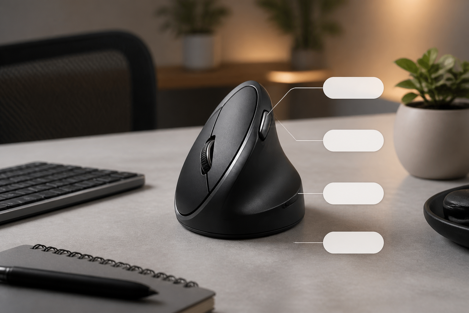 Ergonomic workspace illustrating logitech mx vertical review: is it worth $100? with an unbranded vertical mouse