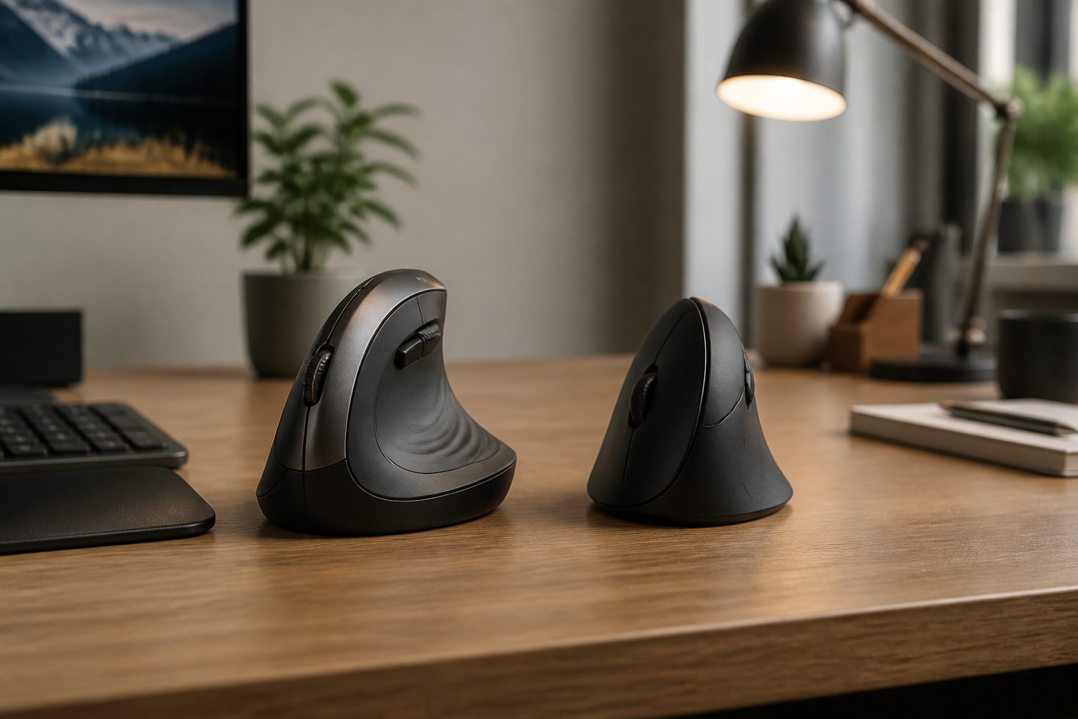 Ergonomic workspace illustrating logitech mx vertical vs anker ergonomic: full comparison with an unbranded vertical mouse