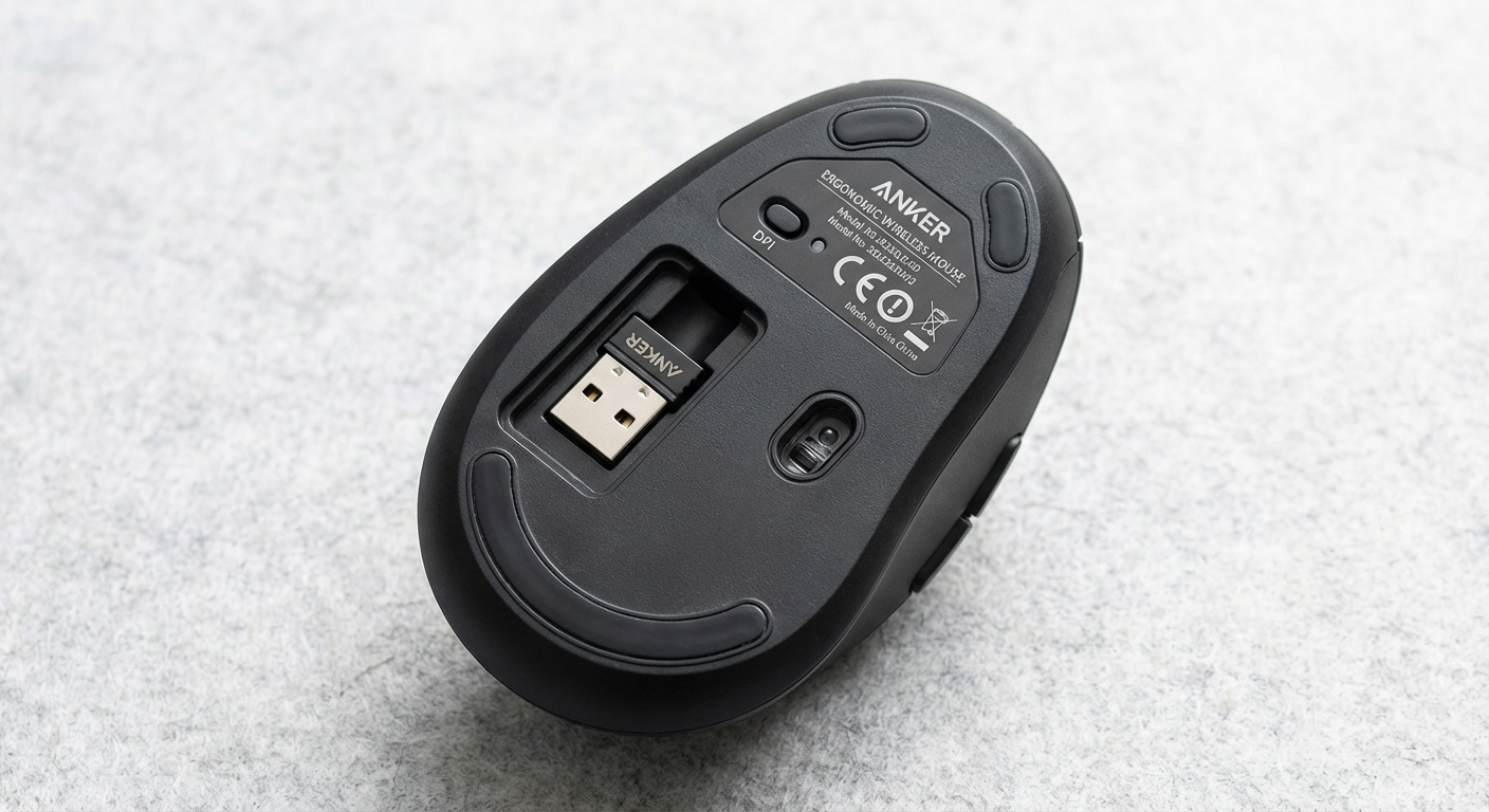 Anker ergonomic mouse bottom view showing USB nano dongle storage