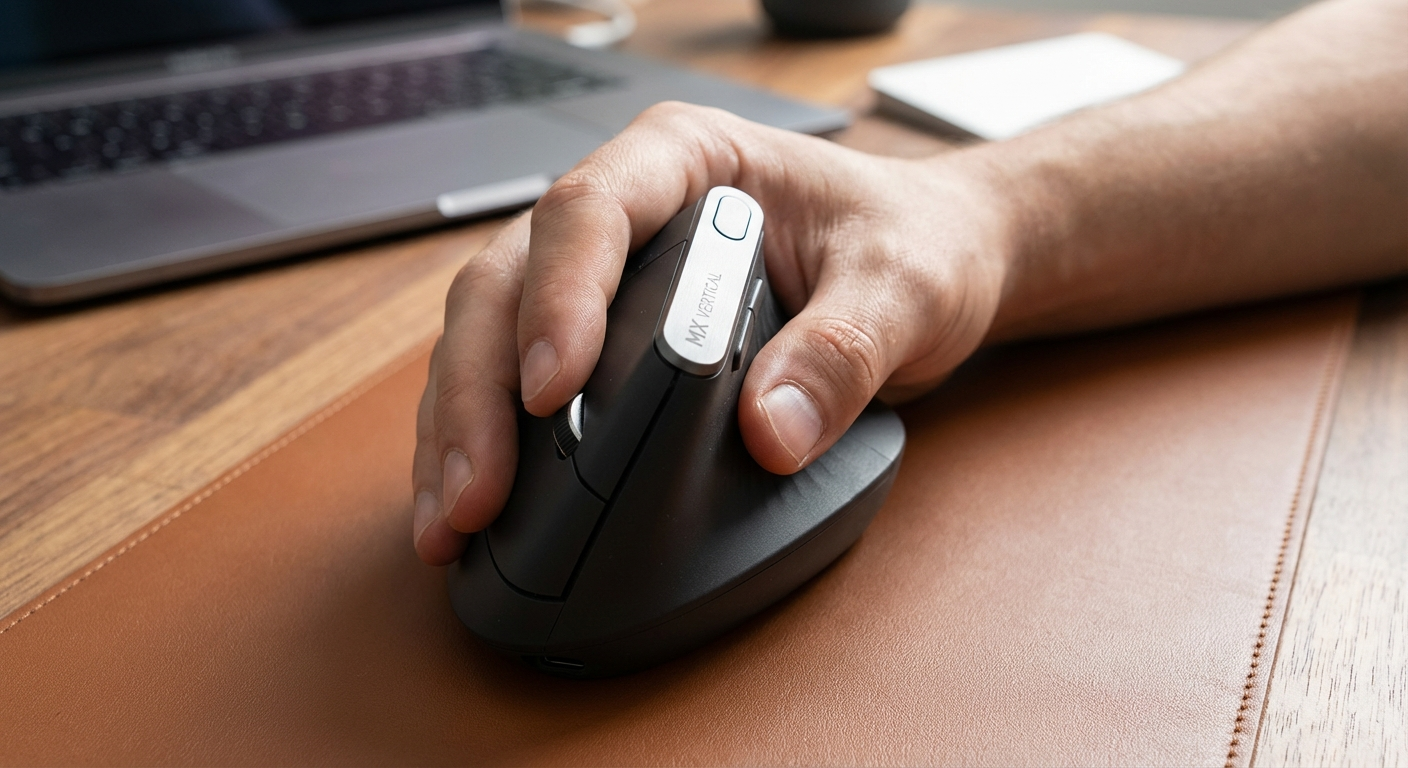 Logitech MX Vertical ergonomic mouse grip showing premium rubber texture