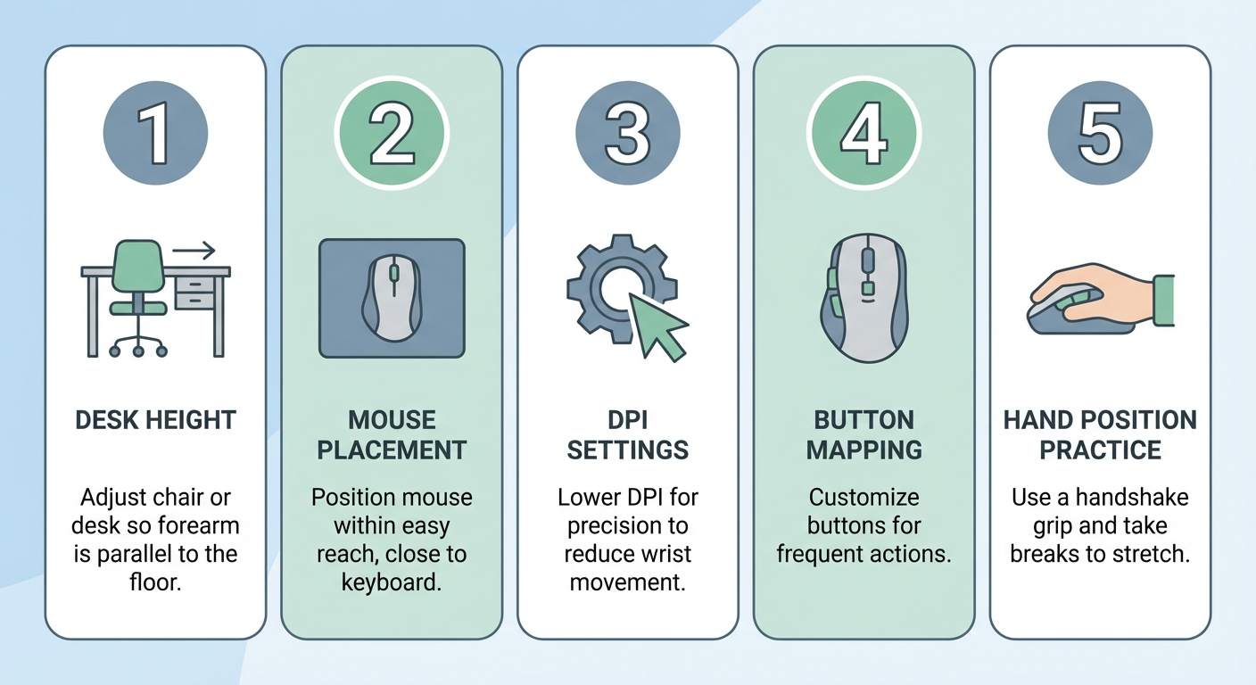 Step-by-step infographic showing the five key steps for setting up a vertical mouse correctly