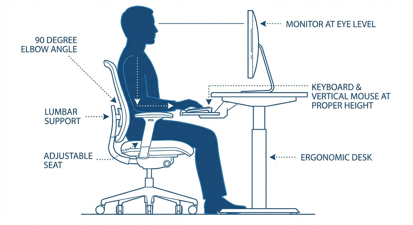 Ergonomic desk and chair setup showing correct elbow angle and monitor height for vertical mouse use