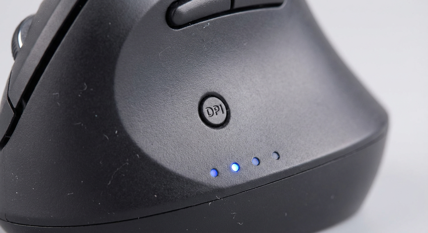 Close-up of DPI adjustment button on a vertical mouse with sensitivity level indicators