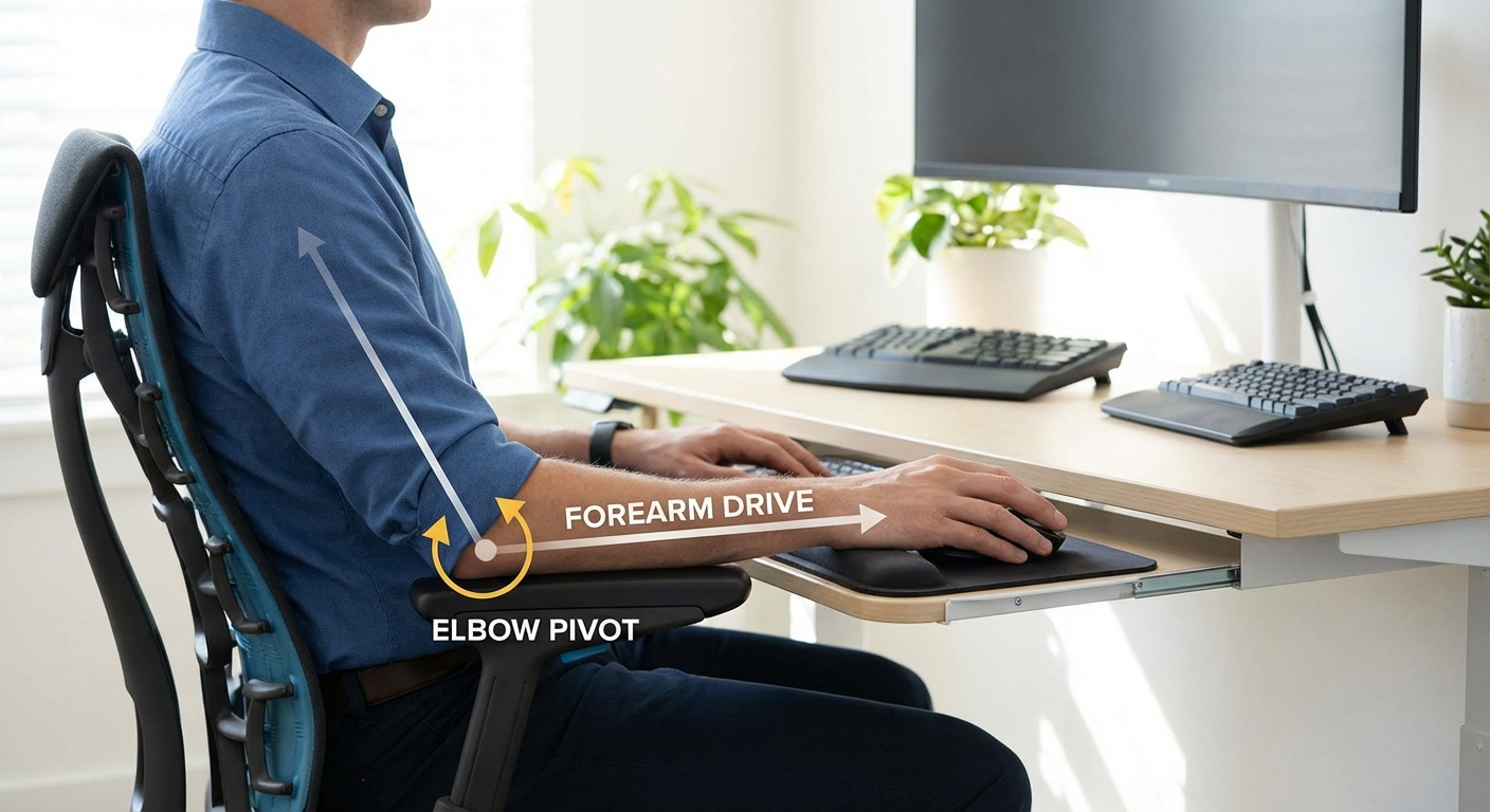 Contextual image showing a user demonstrating correct forearm-driven mouse movement at an ergonomic workstation