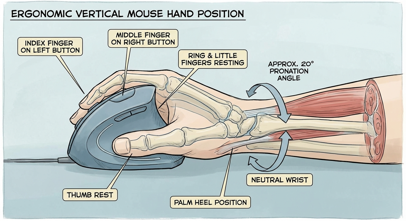 Detailed diagram of correct hand position angles on a vertical mouse showing thumb rest and finger placement