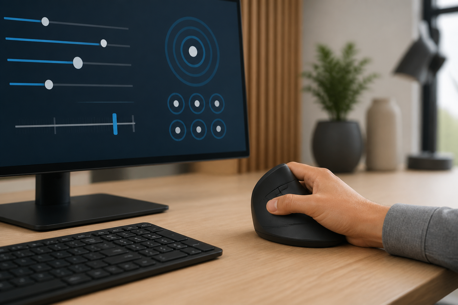 Ergonomic workspace illustrating vertical mouse sensitivity settings guide with an unbranded vertical mouse