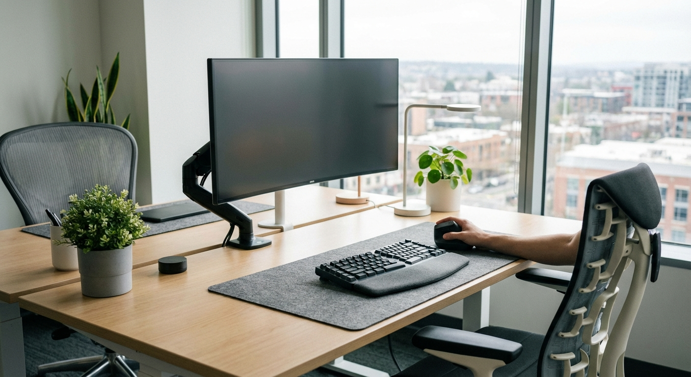 Vertical mouse positioned on an ergonomic desk setup with proper alignment and accessories