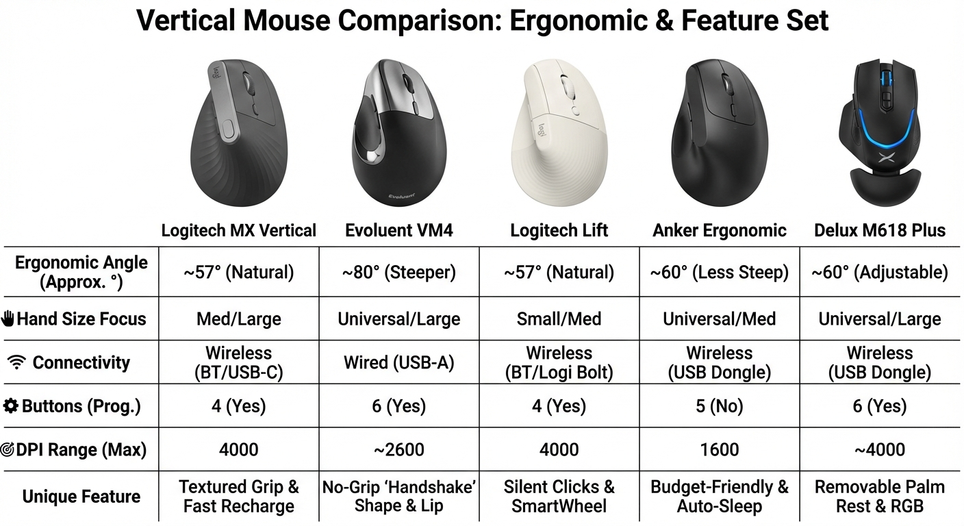 Product comparison chart showing features and specifications of top vertical mice for ergonomic setup