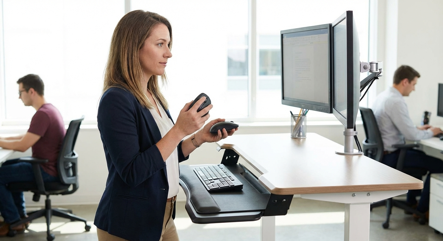 Office worker at standing desk comparing vertical mouse versus regular mouse ergonomic setup