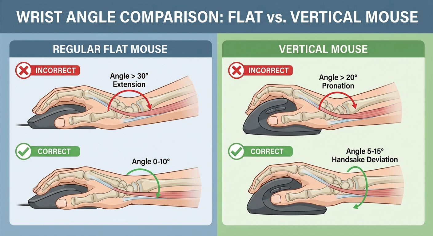 Infographic showing correct versus incorrect hand and wrist angles when using vertical mouse compared to regular mouse