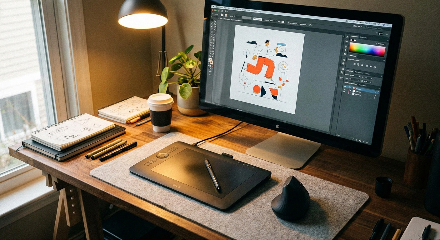 Graphic designer desk setup with vertical ergonomic mouse and Wacom tablet