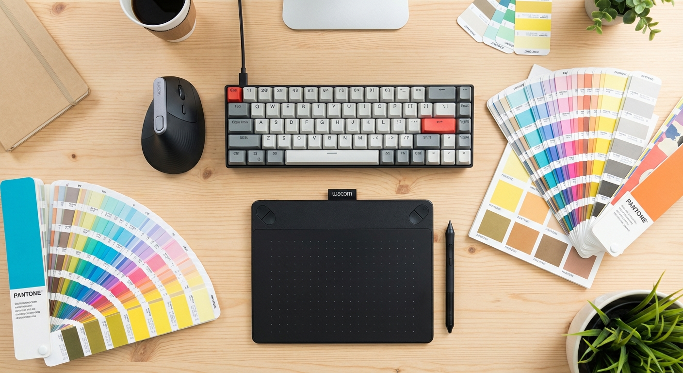 Graphic designer workspace flat lay — ergonomic setup overview
